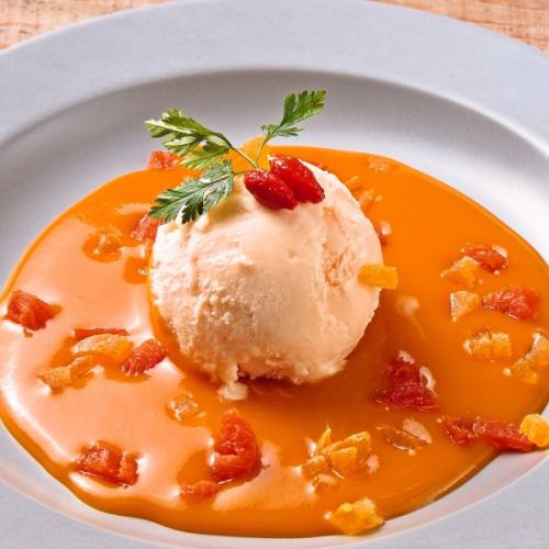 Almond ice cream and cold peach soup