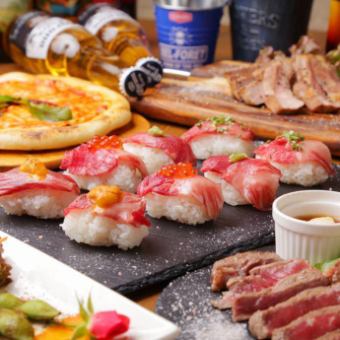 ビール付き『本格シュラスコ&炙り肉寿司食べ放題コース』含31品 3時間飲み放題付 5480円⇒4480円