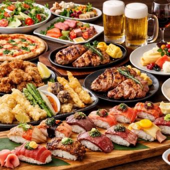 畅吃畅饮，啤酒无限量供应！包含和牛寿司、特色炸物等40道菜品，以及3小时畅饮，原价4500日元 ⇒ 现价3500日元