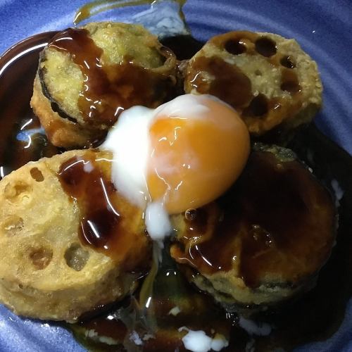 Deep-fried eggplant and lotus root with soft-boiled egg