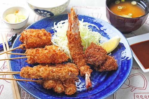 Kushikatsu, fin cutlet and fried shrimp set