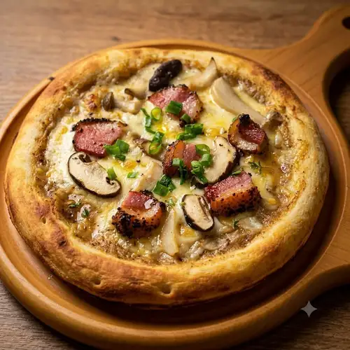 Duck and mushroom pizza with truffle flavor