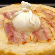 Homemade burrata cheese and bacon pizza (order from Pizza & Pasta)