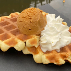 Homemade waffles topped with brown cheese ice cream