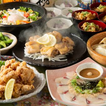 Great value for money ◎ <Easy to make> Sesame Amberjack x Oita Nakatsu Fried Chicken x Mizutaki or Chicken Teppan ◆ 2 hours all-you-can-drink (Kinmugi) ◆ 9 dishes in total