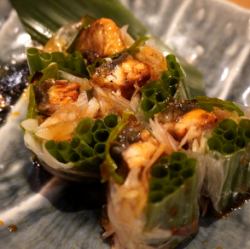 Grilled eel and aromatic vegetable spring rolls with wasabi sauce