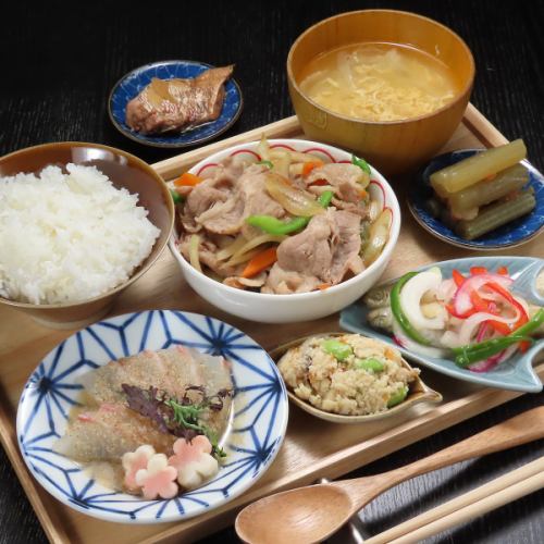 【愛媛県宇和島産活〆真鯛の鯛茶漬けと焼き肉と小鉢たくさんの定食