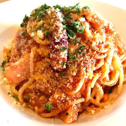 Amatriciana with tomatoes and bacon