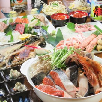 A 5,000 yen course with assorted sashimi, local chicken hotpot, and all-you-can-drink