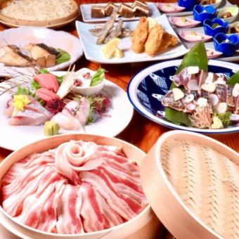【6000円(税込)豚せいろ蒸しコース】自慢のかつおのわら焼き他お料理8品！2時間飲み放題付！