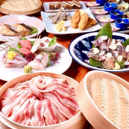 【6000円(税込)豚せいろ蒸しコース】自慢のかつおのわら焼き他お料理8品！2時間飲み放題付！