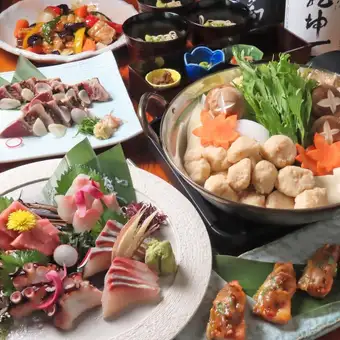 【6000円(税込)海老つみれ鍋コース】自慢のかつおのわら焼き他お料理8品!2時間飲み放題付!