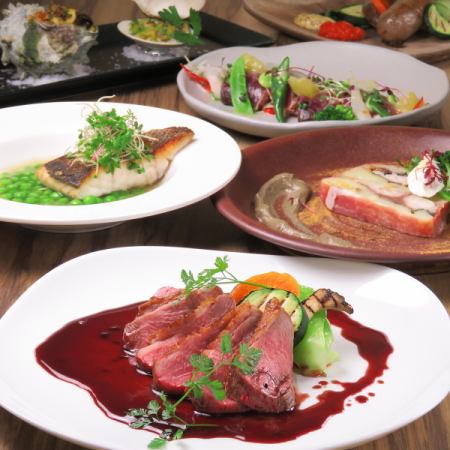 需要预约【附无限畅饮】肉类和鱼类菜肴都可以享用！晚餐套餐共7道菜7,500日元