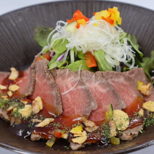 Roast Hokkaido beef rump with colorful vegetables and ponzu sauce