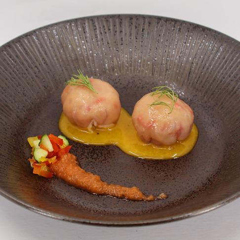 Chilled snow crab with prosciutto and temari balls, served with egg yolk vinegar sauce and salsa tomato dip