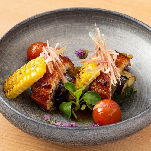 Eel and summer vegetables with Japanese pepper sauce