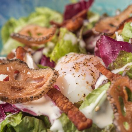 Caesar salad with dry-cured ham and soft-boiled egg