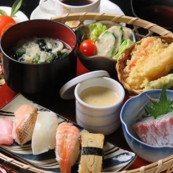 [Hanakozen] Spanish mackerel sashimi/assorted tempura/nigiri sushi/dessert etc. [8 items in total] 1,700 yen