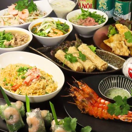 120分鐘暢飲套餐，含生啤酒！ 8道豐盛菜餚，包括炸春捲、大蝦串和蟹肉炒飯。