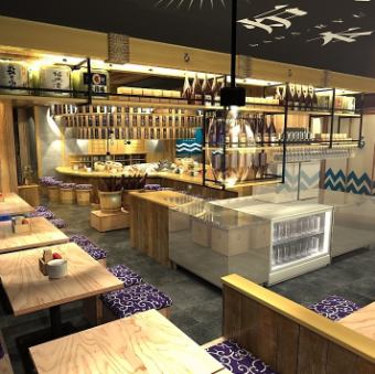 【仲間や家族と囲める安心感あるテーブル席】親しい友人や家族と囲めるテーブル席は程よくくつろげ、オープンな活気と和の雰囲気が調和し、日常から小さな集まりまで自然に盛り上がる使いやすさが魅力の空間世代問わず安心して利用できる大衆炉端の定番席仕事帰りの食事や休日ディナーにも最適です。