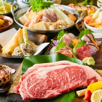 【3H飲放】国産和牛サーロインステーキ×お造りや地鶏に特選握り含む『匠』全8品6080円⇒4980円
