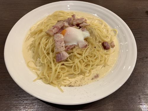 Carbonara with hanging island pork bacon and soft-boiled eggs from Chura Poultry Farm