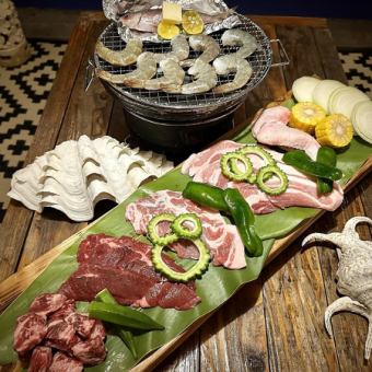 牛カルビ＆【世界三大黒豚】島黒豚アグー＆海幸。備長炭七輪炭焼き【飲み放題付き】