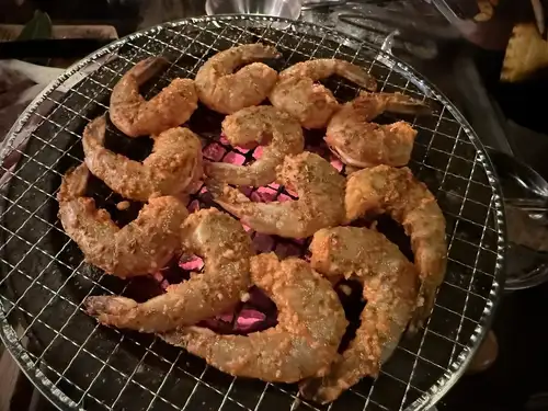 Homemade garlic shrimp! Delicious grilled over binchotan charcoal.