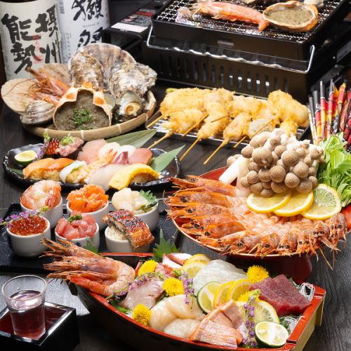 【仅限前两组】烤海鲜与寿司7道菜，含无限畅饮 / 120分钟（最后点餐90分钟）/ 5,000日元（含税）