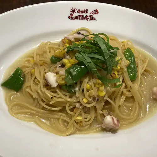 【7月】 タコと焼とうもろこし・しし唐のアーリオオーリオ スパゲティ