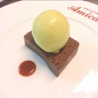 Belgian chocolate terrine and pistachio ice cream