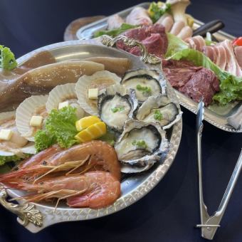 【平日】BBQ2.5時間制《6380円》お肉3種＆魚介3種！ポテトや焼きそばも付いてボリューム満点♪