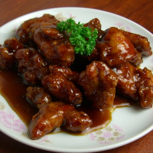 鶏肉の黒酢ソース/豚肉とピーマンの炒め