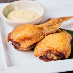 Deep fried chicken wing dumplings with yuzu pepper mayonnaise