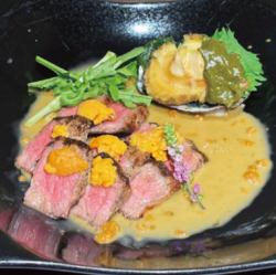 松阪牛と鮑の炭火焼き～うにソース仕立て～