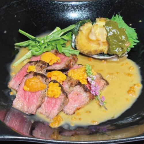 松阪牛と鮑の炭火焼き～うにソース仕立て～