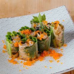 Fugu sashimi and plum kelp spring rolls