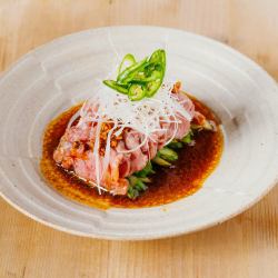 Drooling beef tongue sashimi with green chili pepper