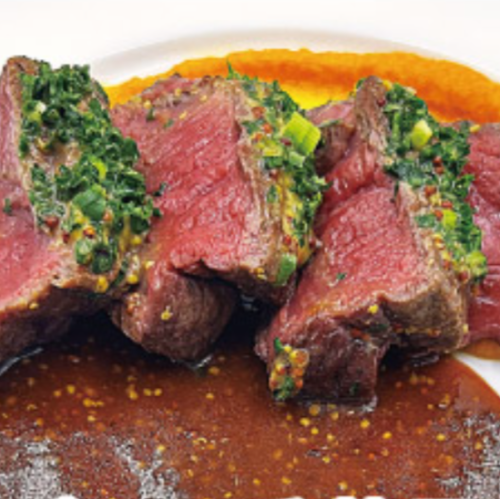 Pan-fried Matsusaka beef with herbs, mustard sauce and carrot coulis