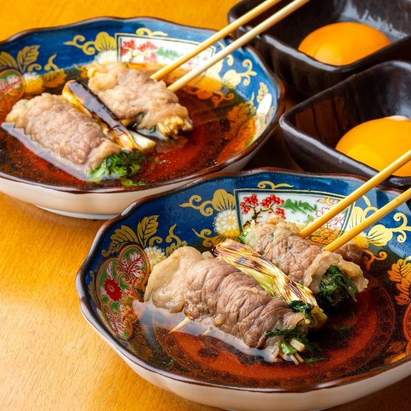 以壽喜燒風格串燒仙台牛肉的絕品。搭配蛋黃享用！