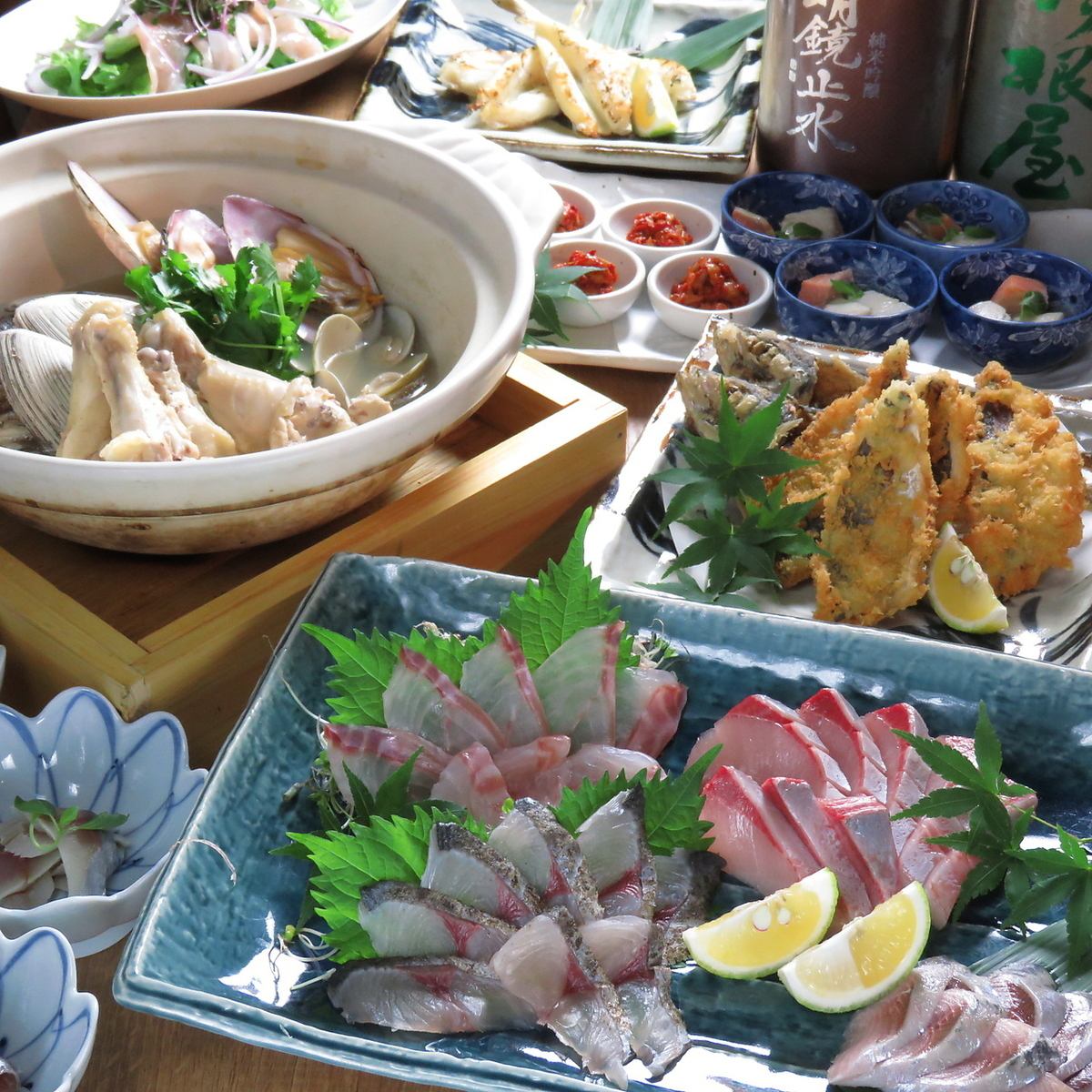 活鮑魚、粿等。享受從農場直送的新鮮海鮮和清酒！