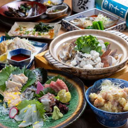 カニ餡かけのとり天、カンパチの胡麻ダレ刺し！鮑のお造り3種盛り、ハモの酒蒸し☆季節コース♪