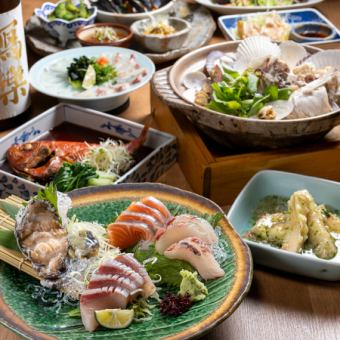 【歓迎会定番コース】鮑とお造り3種、桜鯛の酒蒸し、桜鯛のアラと貝の酒蒸し等90分飲み放題付き