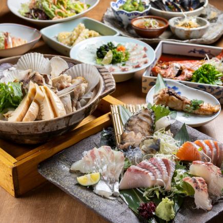 【歓迎会】鮑とお造り4種に酒蒸し、春の食材を使った。90分飲み放題付き限定の春の季節コース