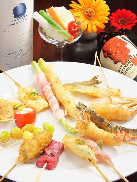 Creative skewers [18 skewers in total] Seasonal seafood and vegetables, A5 rank Wagyu beef, etc... Omakase course ⇒ 7500 yen (tax included)