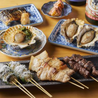 【新年会・1月・２月限定コース】藁焼き刺盛りと地鶏炭火焼、土鍋の定番コース4000円