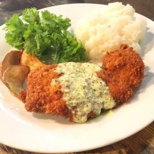 Hand-prepared chicken cutlet basil cream sauce with greengrocer salad Millet rice or sticky focaccia