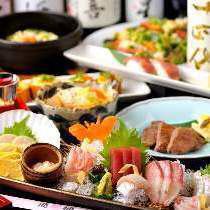 飛梅極 8,000円コース 海鮮ちらしや刺身5種盛りと仙台牛のレアステーキ（地酒10種付）【全8品】