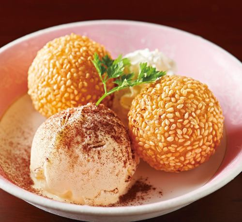 Sesame dumpling with vanilla ice cream