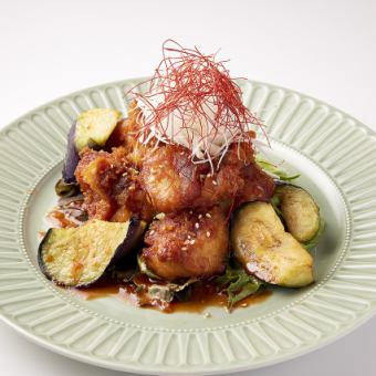 鶏のから揚げと揚げ茄子～油淋鶏風